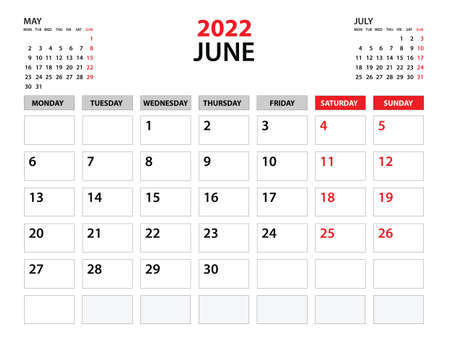 Calendar 2022 template, June 2022 year, planner template, monthly and yearly planners, week start monday, wall calendar design, corporate planner, Desk calendar 2022, printing, vectorのイラスト素材