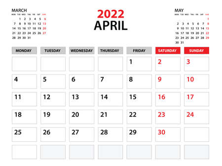 Calendar 2022 template, April 2022 year, planner template, monthly and yearly planners, week start monday, wall calendar design, corporate planner, Desk calendar 2022, printing, vectorのイラスト素材