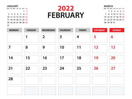 Calendar 2022 template, February 2022 year, planner template, monthly and yearly planners, week start monday, wall calendar design, corporate planner, Desk calendar 2022, printing, vectorのイラスト素材