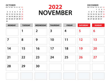 Calendar 2022 template, November 2022 year, planner template, monthly and yearly planners, week start monday, wall calendar design, corporate planner, Desk calendar 2022, printing, vectorのイラスト素材