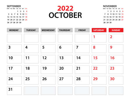 Calendar 2022 template, October 2022 year, planner template, monthly and yearly planners, week start monday, wall calendar design, corporate planner, Desk calendar 2022, printing, vectorのイラスト素材