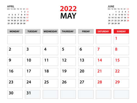 Calendar 2022 template, May 2022 year, planner template, monthly and yearly planners, week start monday, wall calendar design, corporate planner, Desk calendar 2022, printing, vectorのイラスト素材