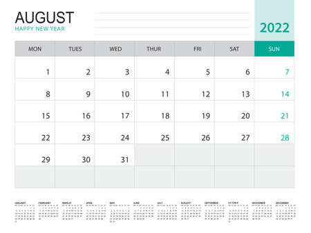 August 2022-Calendar 2022 template vector on green background, week start on monday, Desk calendar 2022 year, Wall calendar design, corporate planner template, Stationery, organizer diary, vectorのイラスト素材
