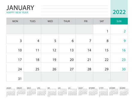 January 2022-Calendar 2022 template vector on green background, week start on monday, Desk calendar 2022 year, Wall calendar design, corporate planner template, Stationery, organizer diary, vectorのイラスト素材