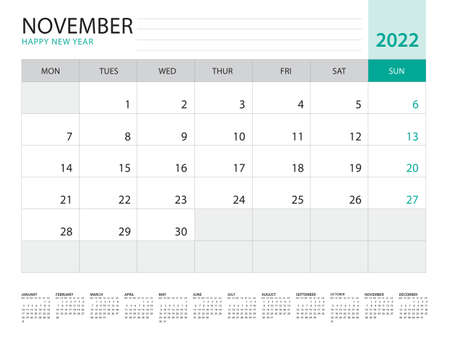 November 2022-Calendar 2022 template vector on green background, week start on monday, Desk calendar 2022 year, Wall calendar design, corporate planner template, Stationery, organizer diary, vectorのイラスト素材