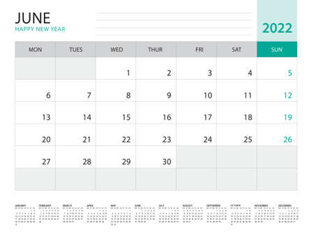 June 2022-Calendar 2022 template vector on green background, week start on monday, Desk calendar 2022 year, Wall calendar design, corporate planner template, Stationery, organizer diary, vectorのイラスト素材