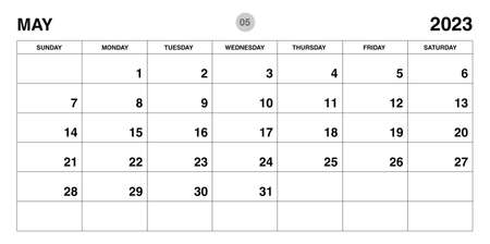 May 2023 year planner template, calendar 2023 template, monthly and yearly planners. organizer diary. week start Sunday, corporate planner template, Desk calendar 2023, Horizontal layout, vectorのイラスト素材