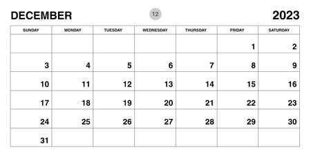 December 2023 year planner template, calendar 2023 template, monthly and yearly planners. organizer diary. week start Sunday, corporate planner template, Desk calendar 2023, Horizontal layout, vectorのイラスト素材