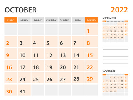 Calendar 2022 template-October 2022 year, monthly planner, Desk Calendar 2022 template, Wall calendar design, Week Start On Sunday, Stationery, printing, office organizer vectorのイラスト素材