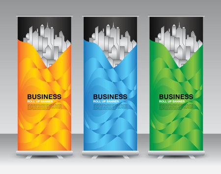 Roll Up banner template set, roll up banner design, banner stand or flag design, j-flag, x stand, x banner, exhibition show, Stand Design, poster, ads, geometric background template, vectorのイラスト素材
