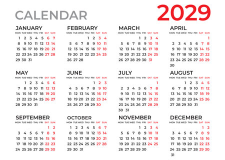 Calendar 2029 template, Planner 2029 year, Wall calendar 2029 template, Week Starts Monday, Set of 12 calendar, advertisement, printing, organization and business, stationery, simple minimal.のイラスト素材