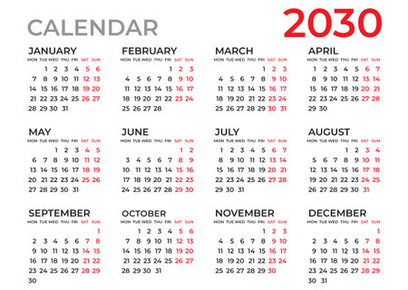 Calendar 2030 template, Planner 2030 year, Wall calendar 2030 template, Week Starts Monday, Set of 12 calendar, advertisement, printing, organization and business, stationery, simple minimal.のイラスト素材