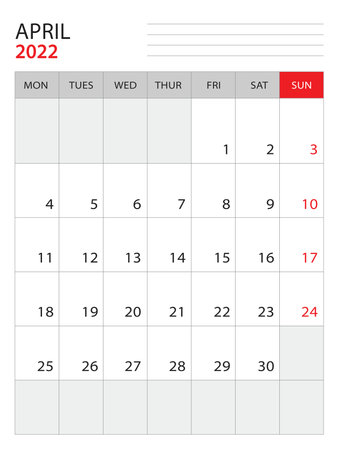 April 2022-Calendar 2022 template vector illustration, week start on monday, Wall calendar 2022 design, Desk calendar template, corporate planner template, Stationery, organizer diary, vectorのイラスト素材