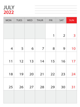 July 2022-Calendar 2022 template vector illustration, week start on monday, Wall calendar 2022 design, Desk calendar template, corporate planner template, Stationery, organizer diary, vectorのイラスト素材