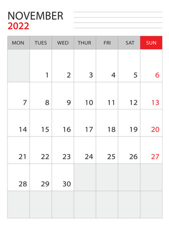 November 2022-Calendar 2022 template vector illustration, week start on monday, Wall calendar 2022 design, Desk calendar template, corporate planner template, Stationery, organizer diary, vectorのイラスト素材