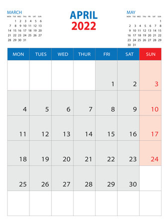 Calendar 2022 template -April 2022 year, week start on monday, Wall calendar 2022 design, Desk calendar template, corporate planner, Stationery, organizer diary, printing media, vectorのイラスト素材