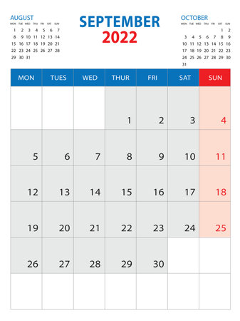 Calendar 2022 template -September 2022 year, week start on monday, Wall calendar 2022 design, Desk calendar template, corporate planner, Stationery, organizer diary, printing media, vectorのイラスト素材