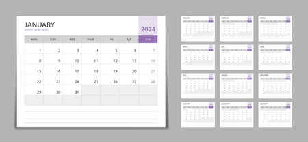 Monthly calendar template for 2024 year, Desk calendar 2024 Set, Week Starts on Monday, Wall calendar 2024 in a minimalist style, Set of 12 months, Planner, printing template, office organizer vectorのイラスト素材