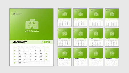 Calendar 2023 year - Set Desk Calendar 2023 template Vector, Week Start On Sunday, Wall calendar 2023 template, Planner, Stationery, Printing media, advertisement, green backgroundのイラスト素材