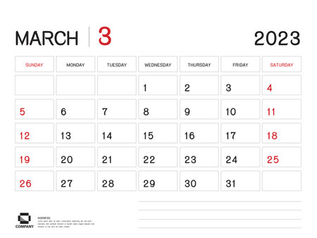 Calendar 2023 Vector- March 2023 year planner template, Desk Calendar 2023 Design, Week Start On Sunday, Planner, Stationery, Printing media, advertisement, business templateのイラスト素材