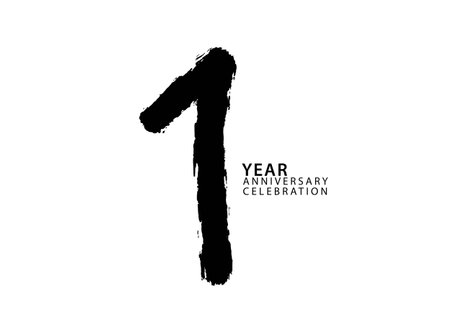 1 year anniversary celebration black color logotype vector, 1 number design, 1st Birthday invitation, logo number design vector illustration, black brushstroke illustrationのイラスト素材