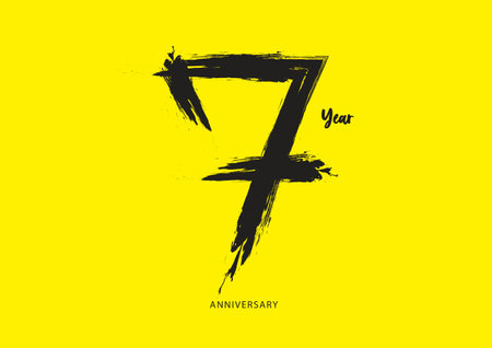 7 year anniversary celebration logotype on yellow background, 7 number design, 7th Birthday invitation, anniversary logo template, logo number design vector, calligraphy font, typography logoのイラスト素材