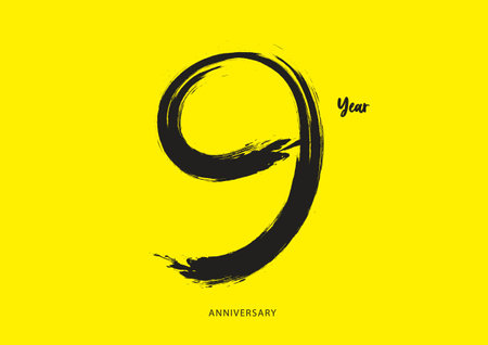 9 year anniversary celebration logotype on yellow background, 9 number design, 9th Birthday invitation, anniversary logo template, logo number design vector, calligraphy font, typography logoのイラスト素材