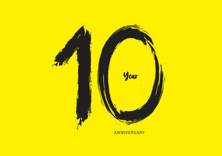 10 year anniversary celebration logotype on yellow background, 10 number design, 10th Birthday invitation, anniversary logo template, logo number design vector, calligraphy font, typography logoのイラスト素材