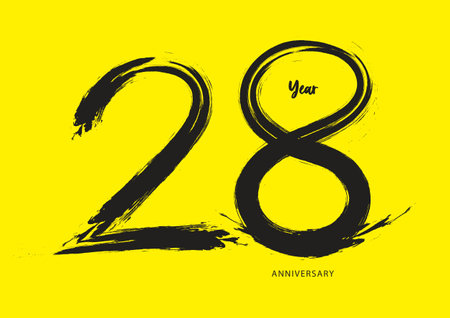 28 year anniversary celebration logotype on yellow background, 28 number design, 28th Birthday invitation, anniversary logo template, logo number design vector, calligraphy font, typography logoのイラスト素材