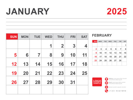 January 2025 layout, Calendar 2025 template, Printable minimalist monthly planner, Desk Calendar 2025 template, Wall calendar design, Week Start On Sunday, Stationery, printing, red color, vectorのイラスト素材