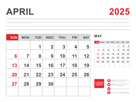 April 2025 layout, Calendar 2025 template, Printable minimalist monthly planner, Desk Calendar 2025 template, Wall calendar design, Week Start On Sunday, Stationery, printing, red color, vectorのイラスト素材
