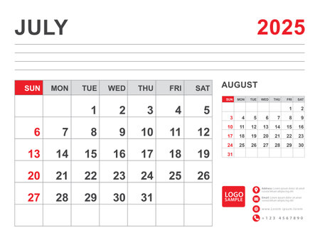 July 2025 layout, Calendar 2025 template, Printable minimalist monthly planner, Desk Calendar 2025 template, Wall calendar design, Week Start On Sunday, Stationery, printing, red color, vectorのイラスト素材