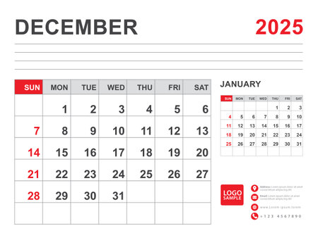 December 2025 layout, Calendar 2025 template, Printable minimalist monthly planner, Desk Calendar 2025 template, Wall calendar design, Week Start On Sunday, Stationery, printing, red color, vectorのイラスト素材