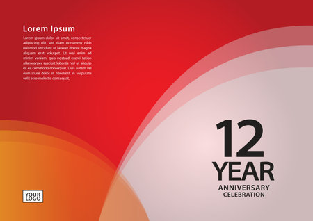 12 year anniversary celebration logotype on red background for poster, banner, leaflet, flyer, brochure, web, invitations or greeting card, 12 number design, 12th Birthday invitation, anniversary logoのイラスト素材