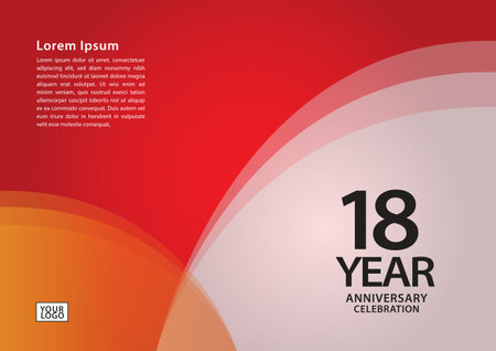 18 year anniversary celebration logotype on red background for poster, banner, leaflet, flyer, brochure, web, invitations or greeting card, 18 number design, 18th Birthday invitation, anniversary logoのイラスト素材