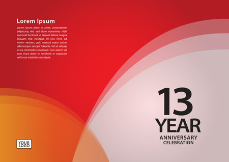 13 year anniversary celebration logotype on red background for poster, banner, leaflet, flyer, brochure, web, invitations or greeting card, 13 number design, 13th Birthday invitation, anniversary logoのイラスト素材