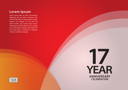 17 year anniversary celebration logotype on red background for poster, banner, leaflet, flyer, brochure, web, invitations or greeting card, 17 number design, 17th Birthday invitation, anniversary logoのイラスト素材