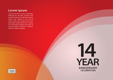 14 year anniversary celebration logotype on red background for poster, banner, leaflet, flyer, brochure, web, invitations or greeting card, 14 number design, 14th Birthday invitation, anniversary logoのイラスト素材