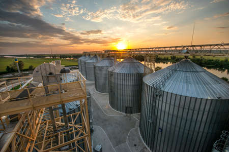 metal tanks for storage of grain (elevator)の写真素材