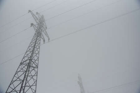 power lines in the fall in the fogの写真素材