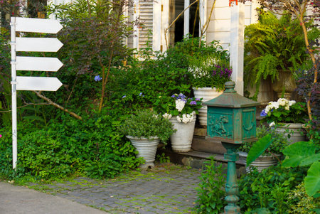 vintage wood table indoor rear gardenの写真素材