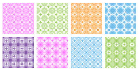 Colorful Intersecting Shapes Patterns. Set of vector patterns with intersecting shapes. Presented in pink, green, orange, blue, purple color.のイラスト素材