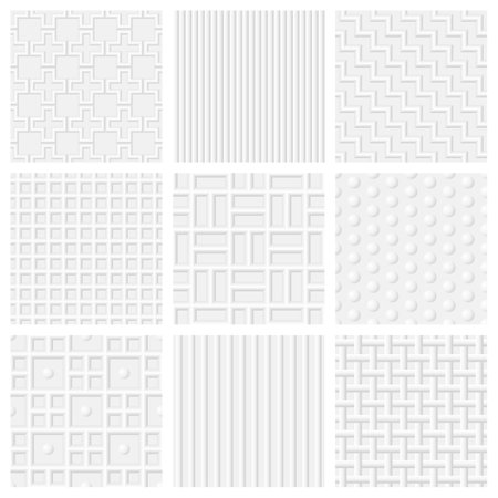 Embossed Surface Seamless Patterns. Bundle of embossed surface seamless vector patterns with plus, line, stripe, zigzag, webbing and dot elements.のイラスト素材