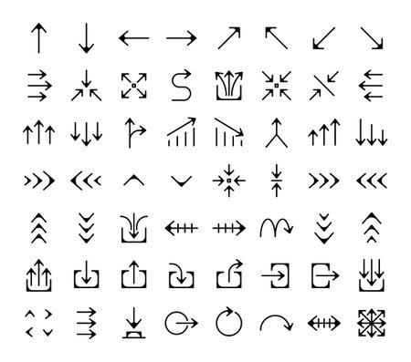 Black Arrow Icons in Outline Style. Collection of various black arrow icons vector for signs, marks, instructions and commands.のイラスト素材