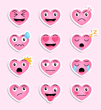 Cute heart feeling expression stickers. Set of cute heart vector stickers representing various feelings for print, design elements or emoticons and emojis.のイラスト素材