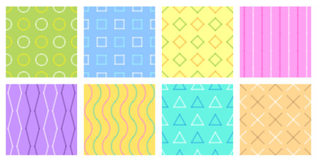 Colorful intersecting lines seamless patterns. Vector patterns with intersecting lines element that form circles, squares, straight lines, waves, triangles, and crosses.のイラスト素材