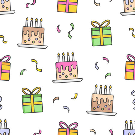 Cheerful birthday seamless pattern. Colorful birthday theme vector pattern combining gift, cake and confetti elements.のイラスト素材