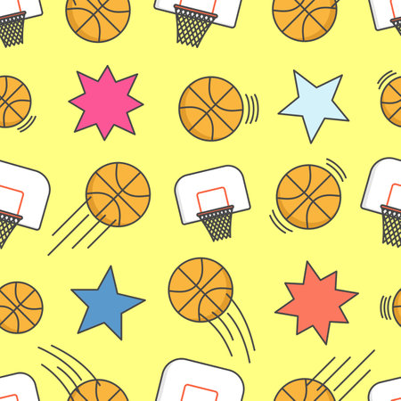 Fun basketball seamless pattern. Basketball seamless vector pattern with ball, ring and stars element for wallpaper, textile, background, cover, etc.のイラスト素材