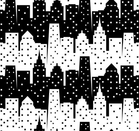 City lights seamless pattern. Black and white city buildings repeatable pattern.のイラスト素材