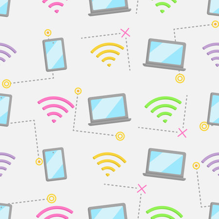 Internet and devices seamless pattern. Vector seamless pattern with signal, smartphone, and laptop elements.のイラスト素材